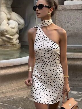 Polka Dot One-Shoulder Satin Mini Dress - White/Black